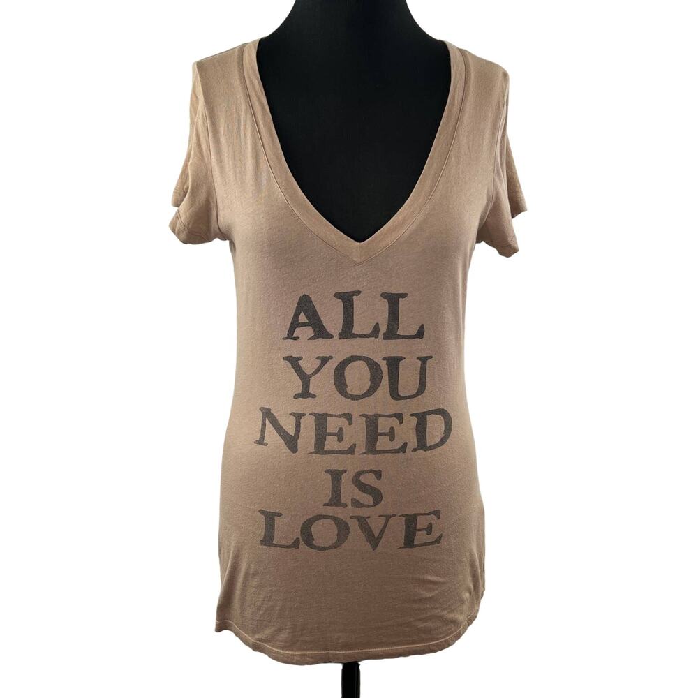 Haute Hippie Tan Brown All You Need Is Love V-Neck Slim-Fit Short Sleeve Tee M